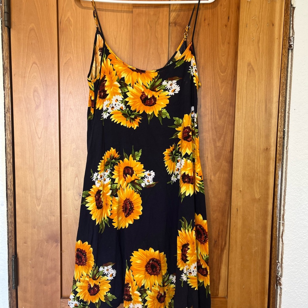 Sunflower Print Black Dress